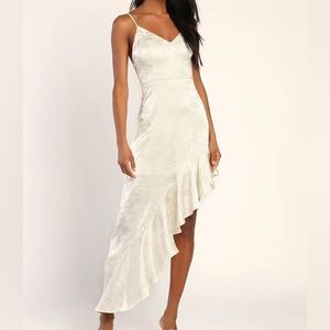 Lulus Ivory Satin Floral Jacquard Asymmetrical Midi Dress